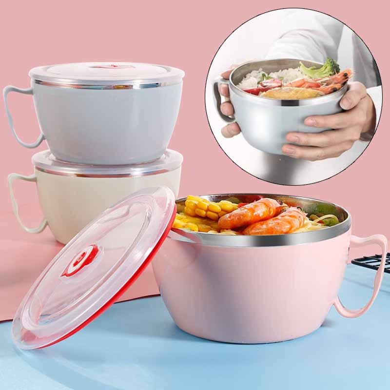 Forniture da cucina portatili in acciaio inossidabile con coperchio, ciotola per noodle istantanei, doppio isolamento, antiscottatura