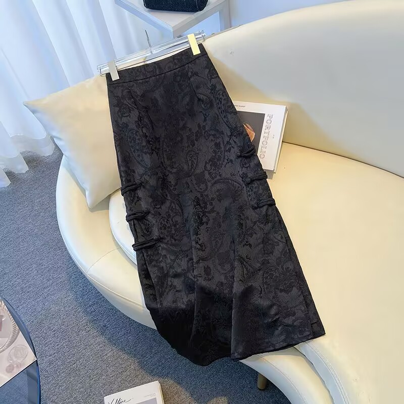 Nova saia jacquard estilo chinês para mulheres na primavera e no outono novo tamanho grande saia evasê de comprimento médio saia hip-pack