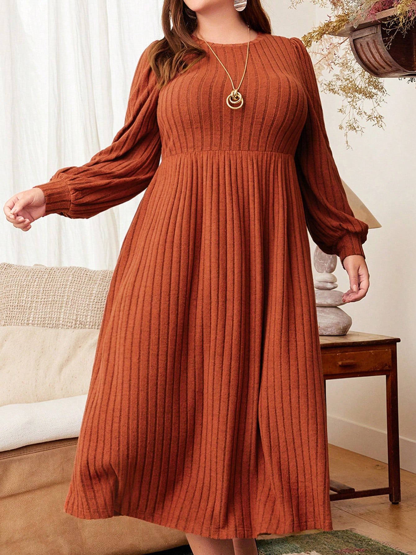 Vestidos femininos plus size de outono e inverno, cor sólida, gola redonda, manga comprida, vestido maxi, outono e inverno plus size wo