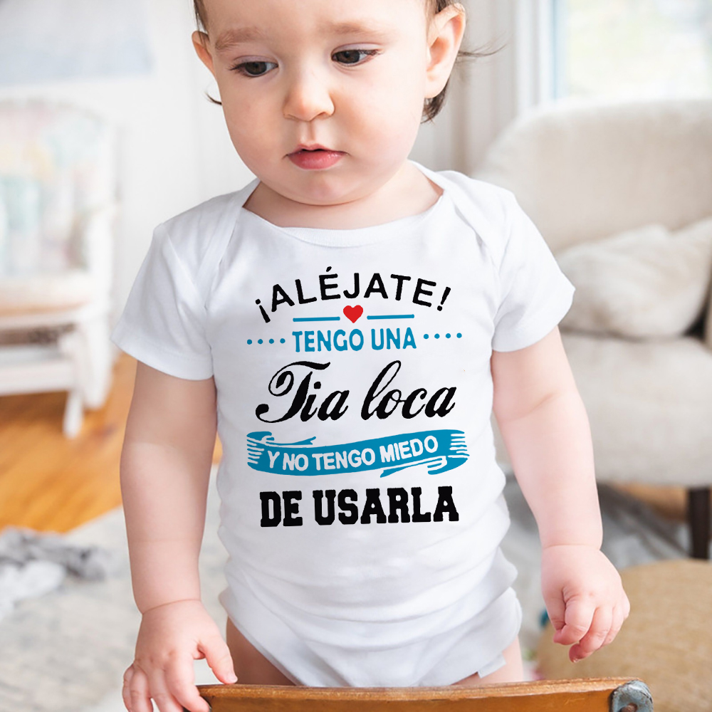 Fique longe, tenho uma tia maluca, não tenho medo de usar seu bebê macacão engraçado infantil bodysuit recém-nascido manga curta macacão outfits