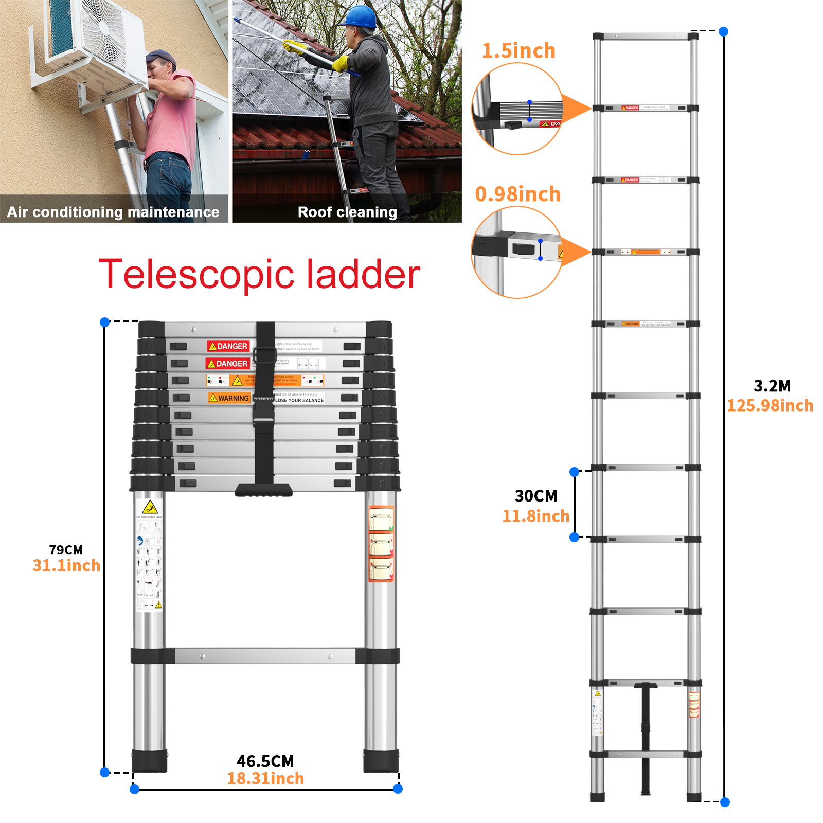 2,6 m–3,2 m Stahl-Teleskopleiter, klappbare Teleskopleiter, höhenverstellbar, geeignet für Luft- und Außenarbeiter