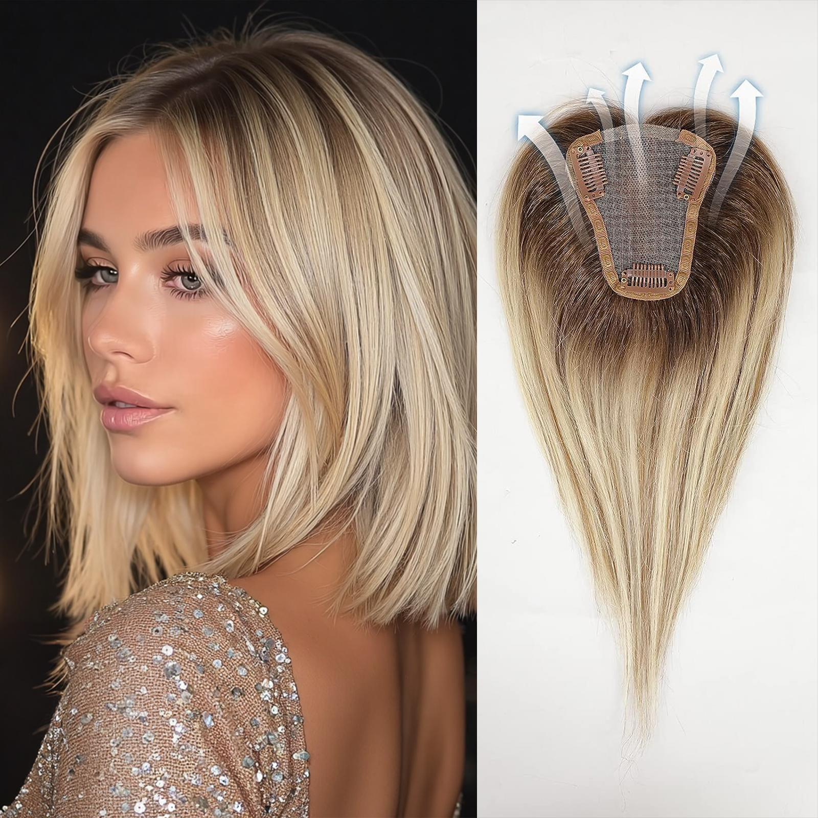 Hellbraune blonde Ombre-Echthaar-Topper, 30,5 cm, Spitzenbasis, Clip-in-Haarteil für Frauen, 100 % Remy-Echthaarverlängerungen