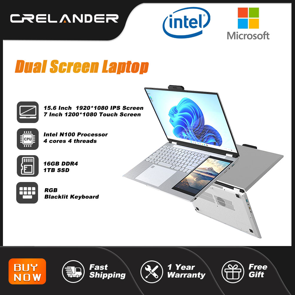 CRELNADER podwójny ekran Laptop 7-calowy ekran dotykowy metalowa obudowa podświetlana RGB odcisk palca odblokuj okno 11 ultracienkich laptopów Notebook