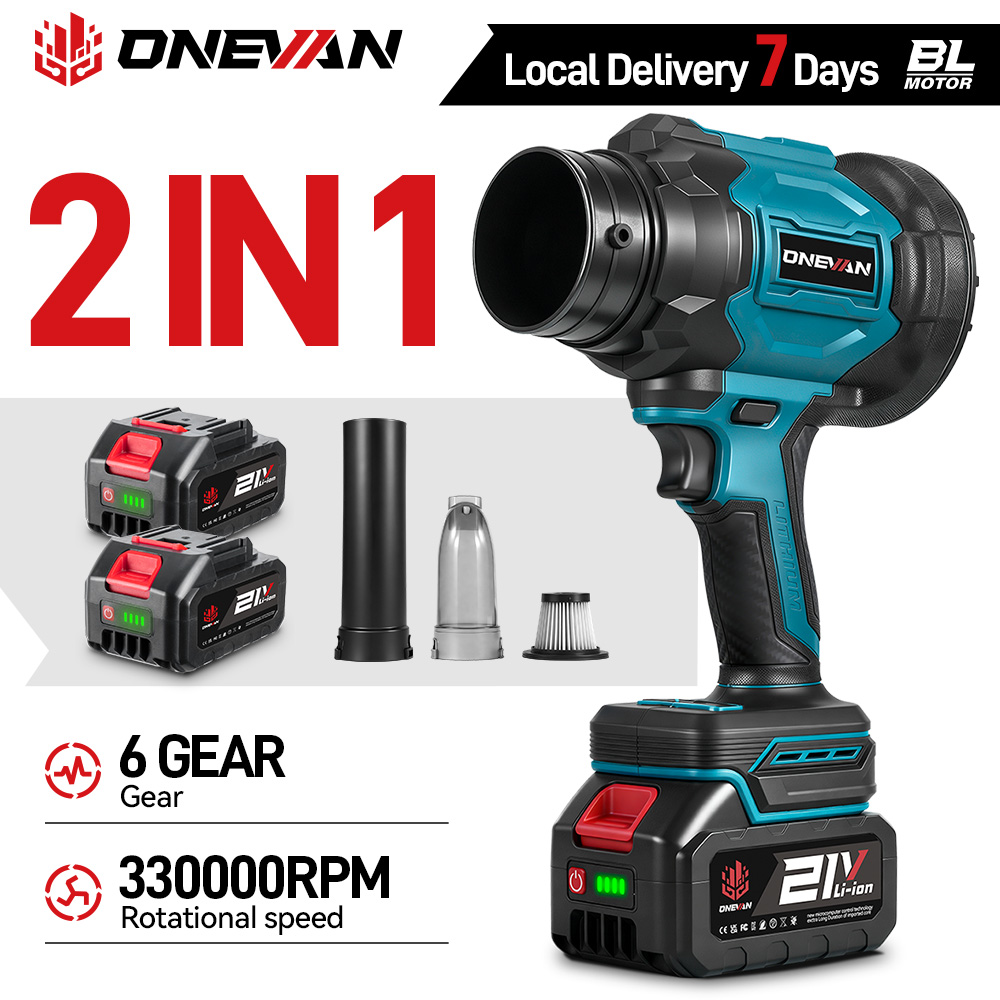 Ventilador turbo eléctrico sin escobillas ONEVAN 350M/S, 2 en 1, para aspirar hojas y polvo, herramienta de jardín para soplar, compatible con batería Makita de 18V.