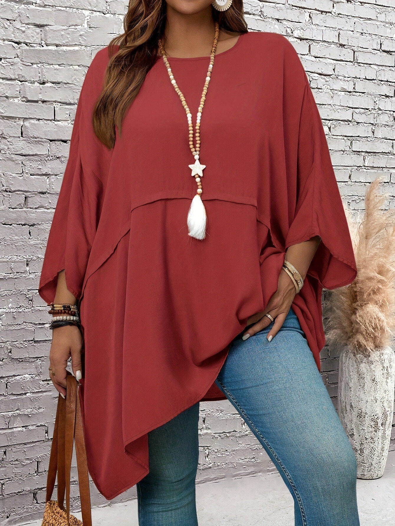 Vêtements pour femmes grande taille-haut ample à manches chauve-souris et col rond de couleur unie pour les vacances décontractées au printemps et en automne