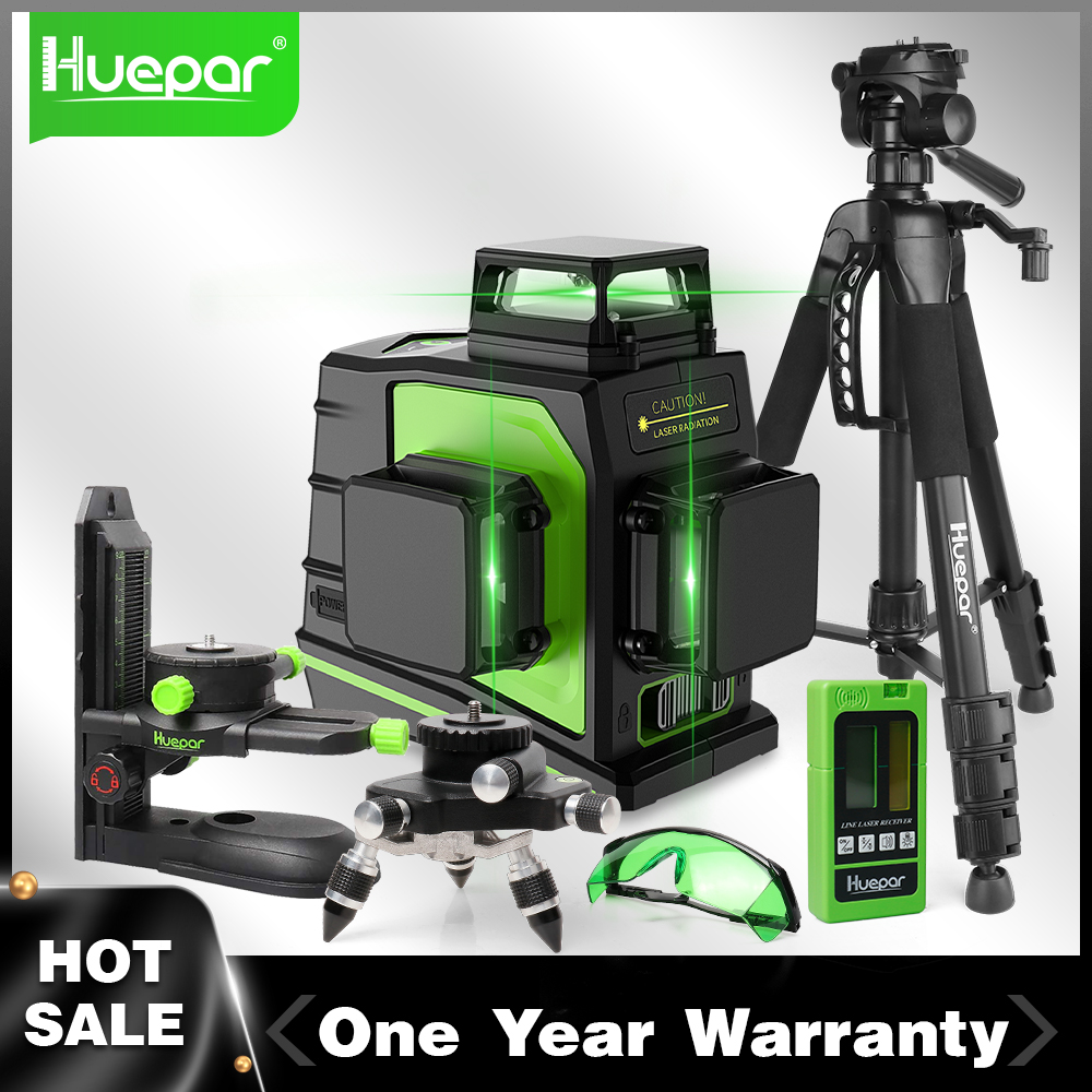 Huepar-Kit de Niveau Laser 3D à 12 Lignes Croisées, Faisceau Vert Autonome Osram, Vertical et Horizontal à 360 ° avec Trépied Récepteur Laser