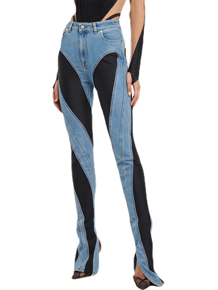 Модные дизайнерские женские джинсы с цветными блоками, облегающие джинсовые брюки с высокой талией, синие длинные осенние джинсовые штаны