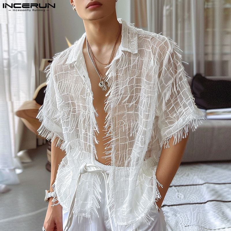2024 Koszula męska Tassel Chiffon Transparent Lapel Short Sleeve Sexy Men Clothing Summer Streetwear Party Fashion Camisas INCERUN