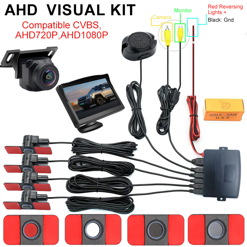Kit Sensor Parkir Video AHD/CVBS 16.5mm Kamera Radar Terpasang Rata 12V Sistem Bantuan Mundur Universal