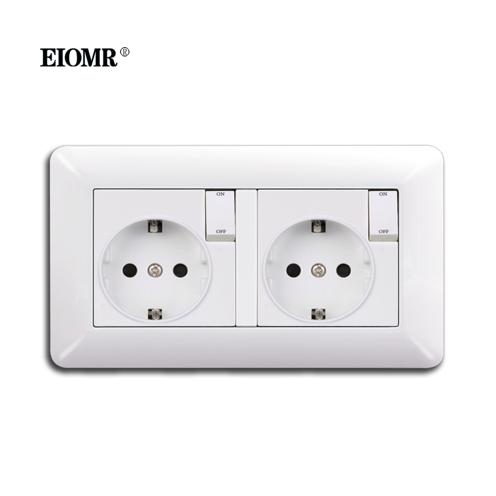 EIOMR EU มาตรฐานซ็อกเก็ตไฟฟ้าสไตล์เรียบง่าย PC แผงซ็อกเก็ตคู่พร้อมปุ่มสวิทช์ EU รัสเซียสเปนผนังซ็อกเก็ต
