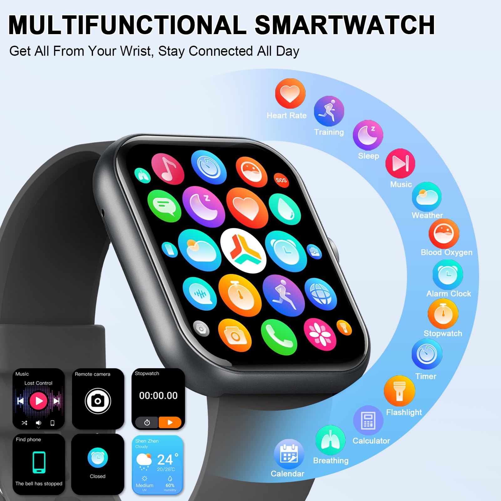 Smart Watch (beantwoorden/gesprekken maken), 1,96-inch smartwatches, fitnesstracker, slaapmonitor, stappenteller, 100+ sportmodi, IP68 waterdicht