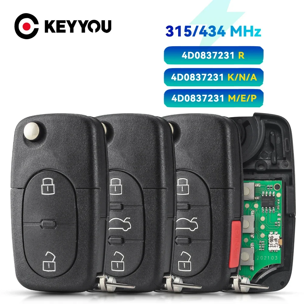 KEYYOU Voor Audi A3 A4 A6 A8 B5 TT RS4 Quattro 433Mhz ID48 Chip HU66 Auto Afstandsbediening Flip sleutel 3 BTN 4D 0837231 A