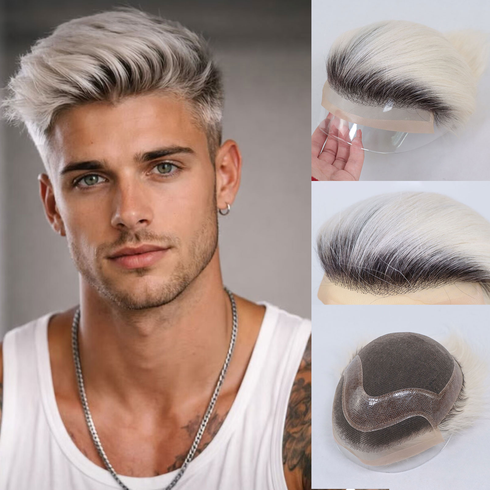 # 1BT60 Ombre Blond Tupecik Męski Mono PU Lace Front Peruka z Włosów Naturalnych Niewidoczna Peruka Męska Proteza Włosów