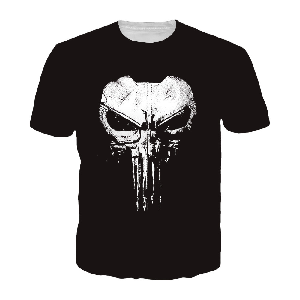 Camiseta masculina estampada em 3D com estampa de esqueleto do Justiceiro, gola redonda, roupas esportivas infantis e infantis, moda verão, nova