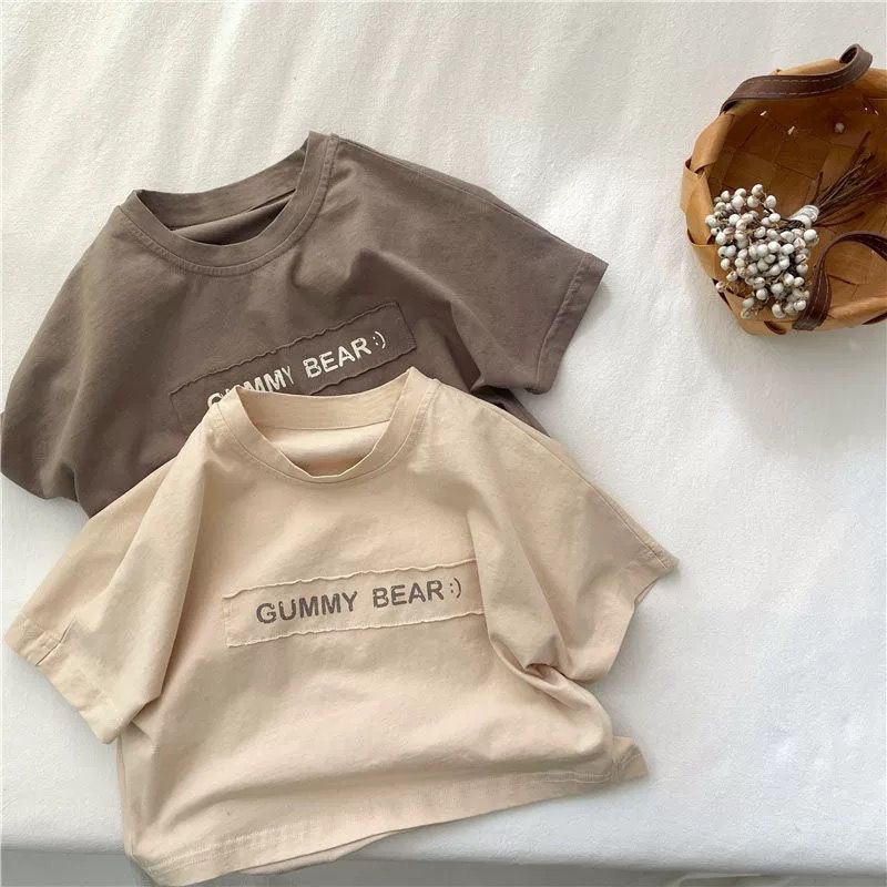 Camiseta de algodão para meninos, manga curta, letras fofas, moda, gola redonda, pulôver, bebê, criança, tops, moletom, 1-7 anos