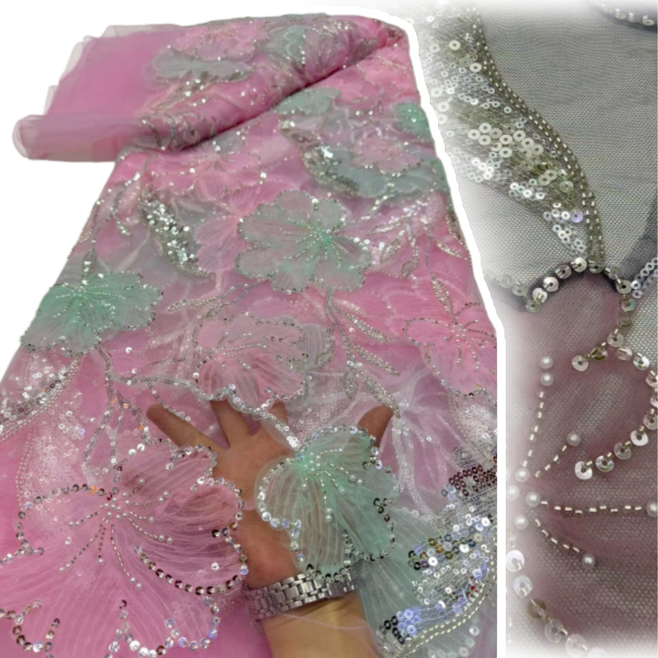 3D High Quality Embroidery Flower African Sequins Fabric 2026 French Beaded Lace Fabric For Nigerian Party Dress Sewing 2613
