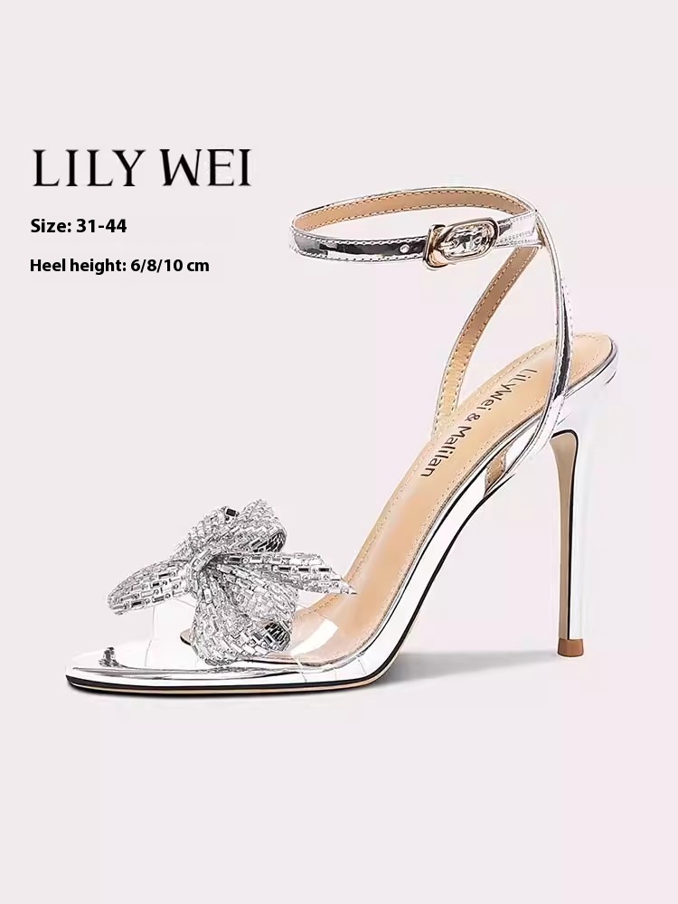 Thin high-heeled sandals summer new silk patent leather pearl mesh rhinestone bow banquet large size small size women's sandals