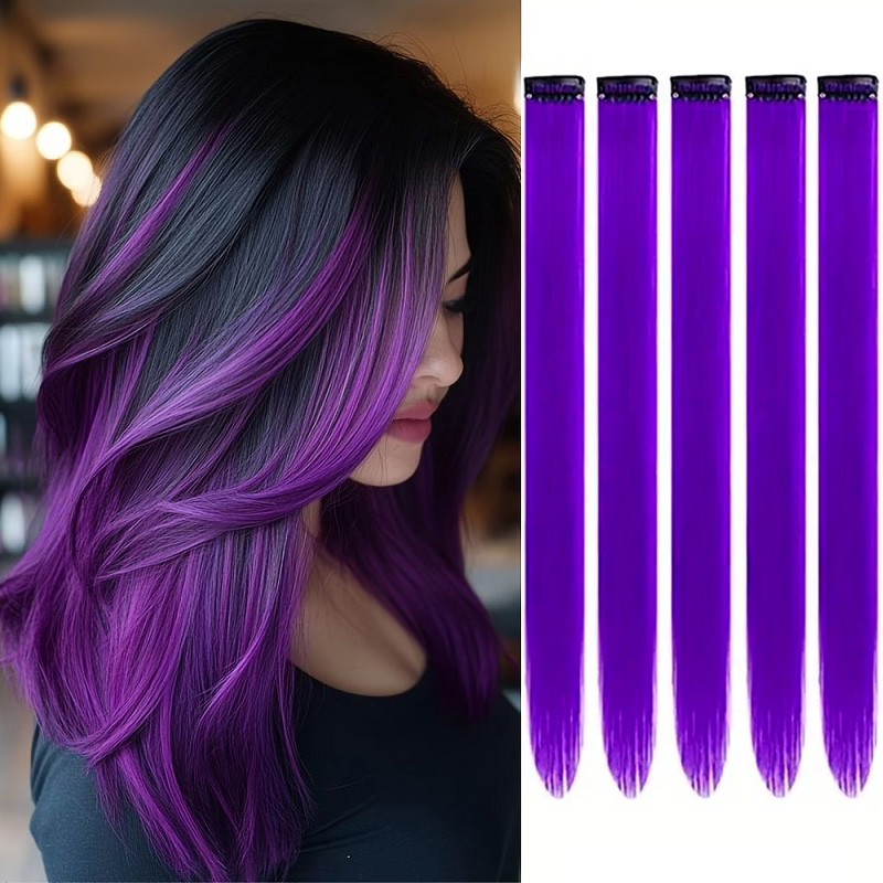 20Inch Synthetic Colorful 5pcs/set Clip Hair Extensions High Temperature Long Straight Hairpieces for Women Daily Party Use