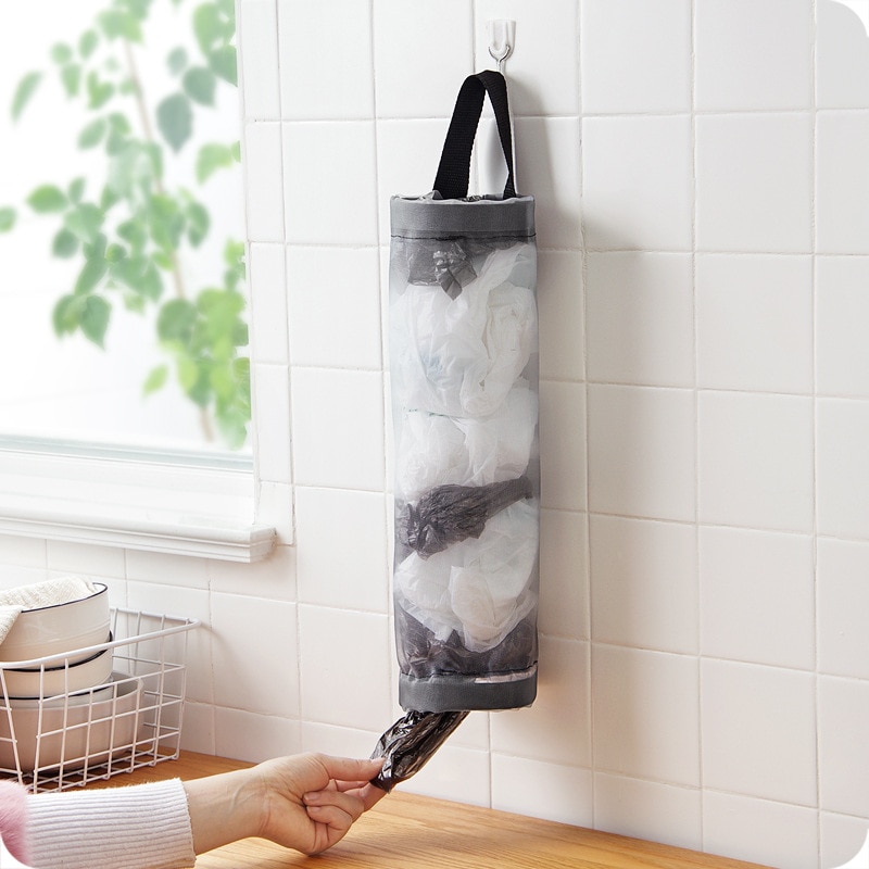 1szt Szara torba na rozmaitości Siatka do montażu na ścianie Plastikowe torby Dozownik Wisząca torba do przechowywania wielokrotnego użytku Worki na śmieci Kuchnia Śmieci Org