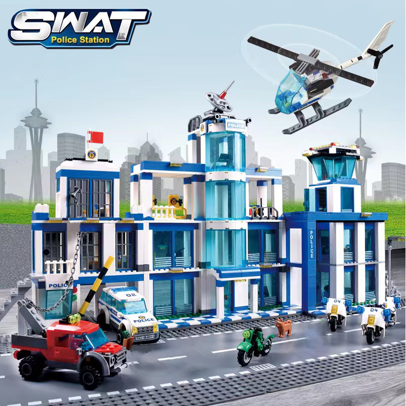 Stasiun Polisi Kota Tampilan Jalan Blok Bangunan Helikopter Militer Mobil SWAT Prison Bricks Mainan Model untuk Hadiah Ulang Tahun Anak MOC