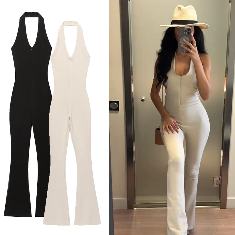 Un pezzo di abbigliamento da donna Tuta lunga da donna Halter Figura intera Elegante corsetto da donna femminile Moda Body Pantaloni svasati chic