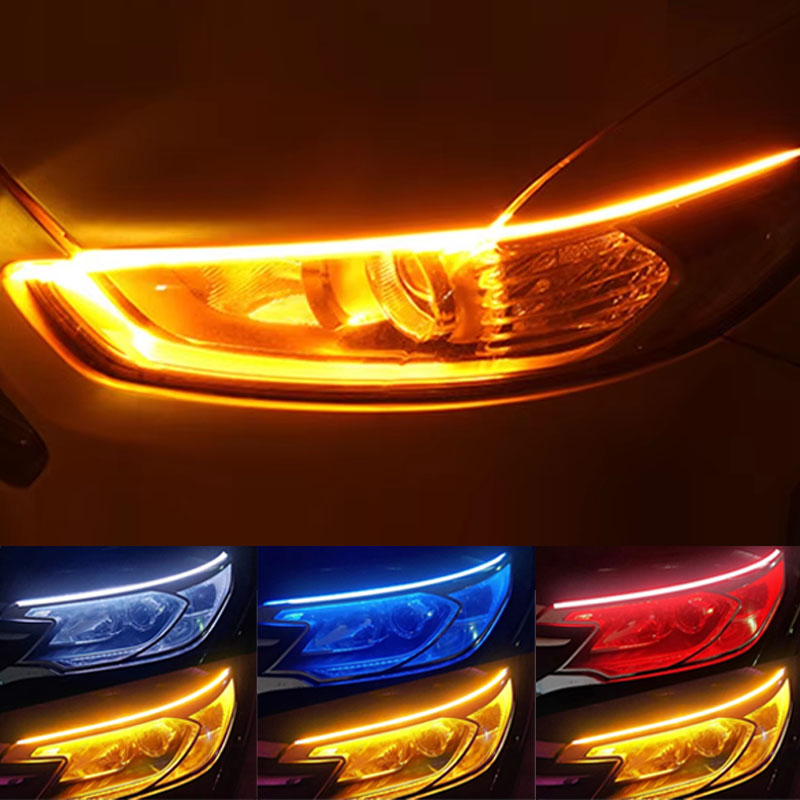 2 ชิ้น LED DRL รถไฟวิ่งกลางวัน 12 โวลต์ไฟหน้ากันน้ําแบบยืดหยุ่น LED Strip สีขาวเลี้ยวสัญญาณสีเหลืองเบรค Flow ไฟ
