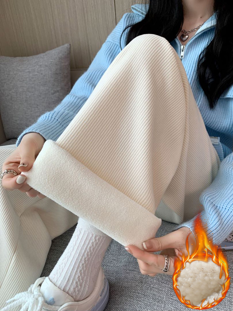 Inverno feminino velo perna larga calças compridas engrossar inverno quente stright longo cintura elástica calças casuais solto feminino botton calças