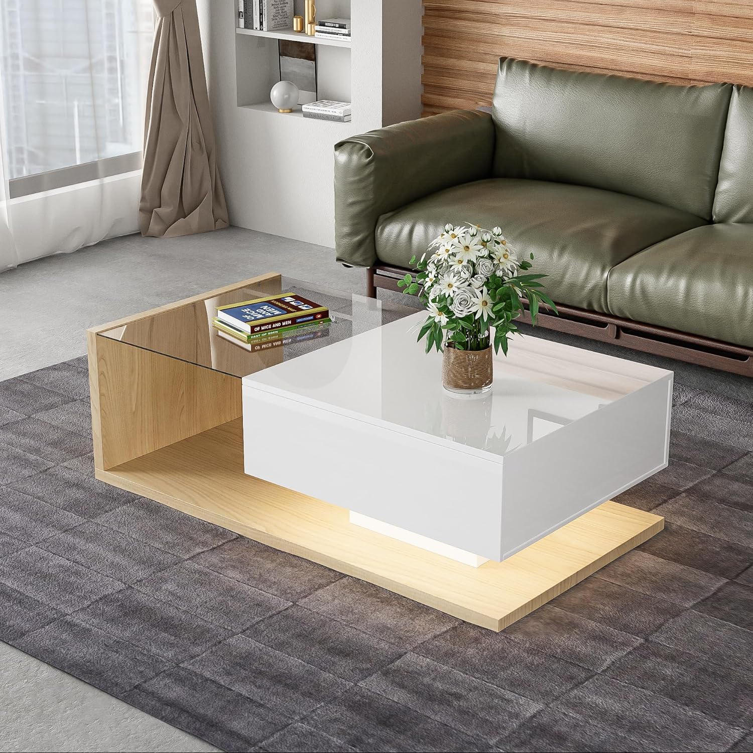 Wohnzimmertisch, LED Couchtisch mit Schubladen, Hochglanz Kaffeetisch mit Storage, Modern Coffee Table, 105L x 55B x 32,5H cm,