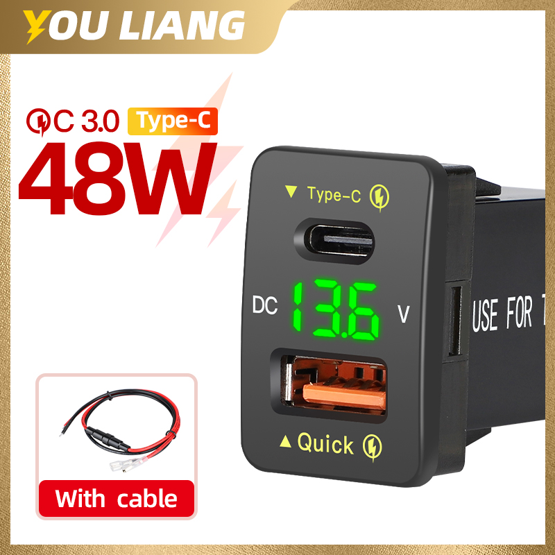 QC3.0 48W Usb C PD Puerto 12V/24V accesorios de cargador de coche adaptador de toma de corriente para teléfonos móviles Toyota voltímetro de carga rápida