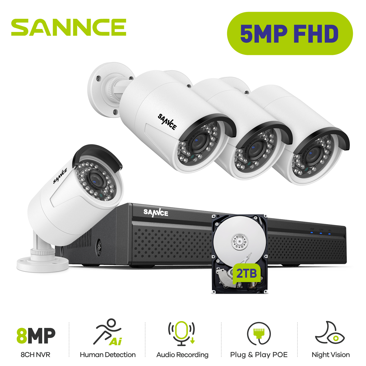Sannce 5mp Poe Video Surveillance Systeem Set 8ch 8mp Nvr Systeem Cctv Security Outdoor 5mp Ip Camera Bewakingsset