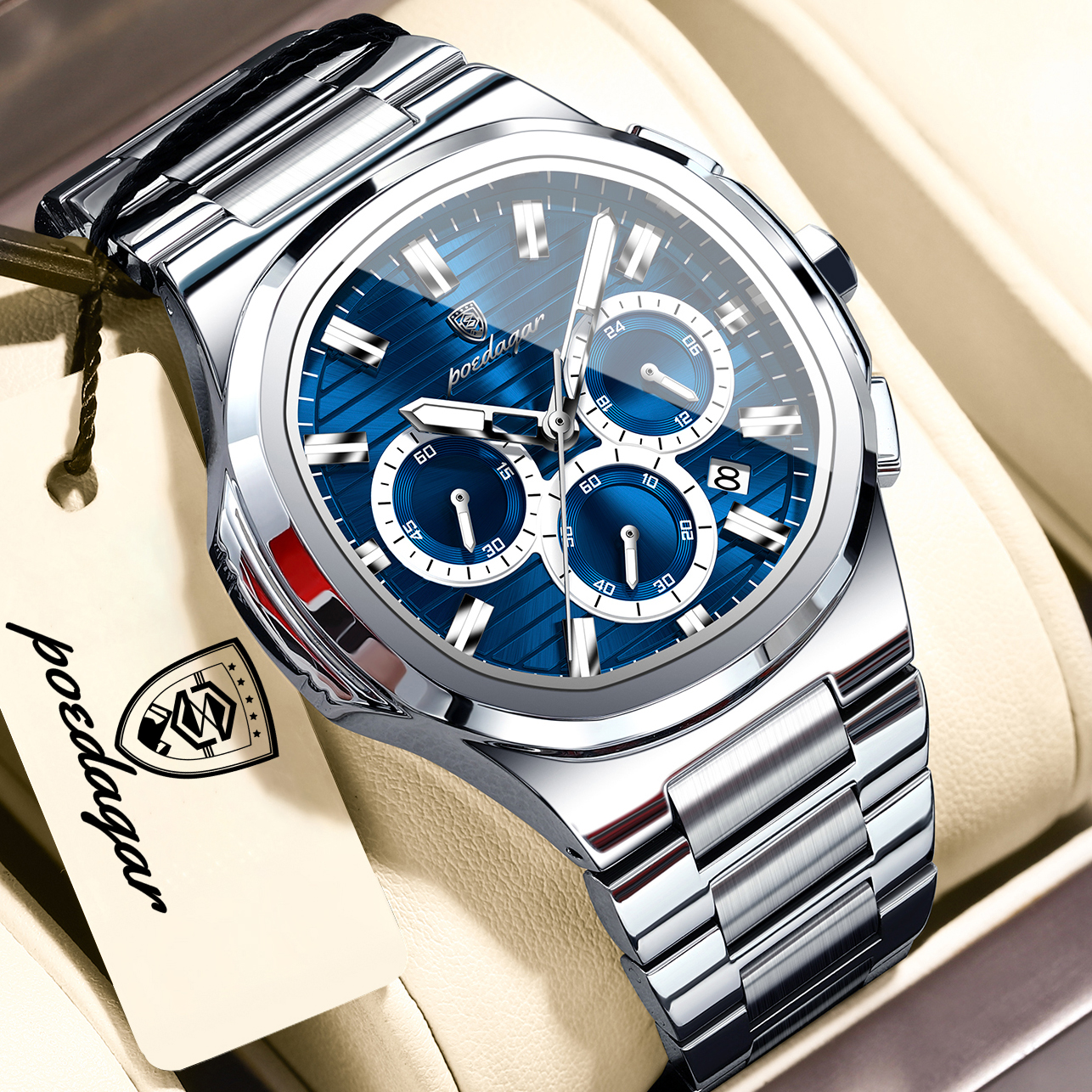 Montre homme POEDAGAR haut de gamme, étanche, en acier inoxydable, lumineuse, avec date, chronographe, quartz, pour homme d'affaires.