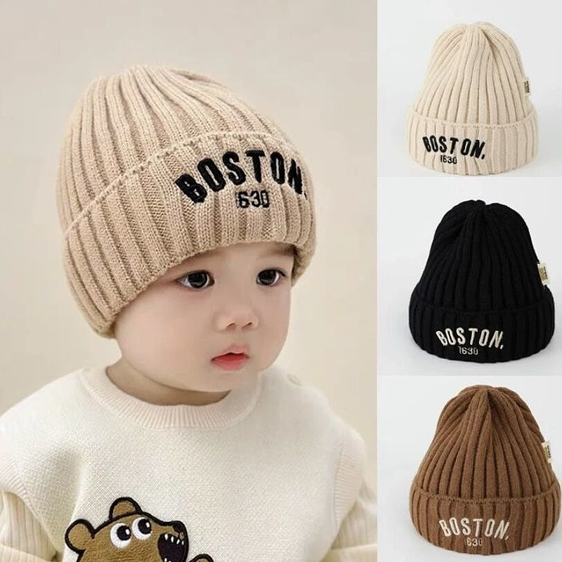 Outono inverno bebê bordado carta tricô bonés criança menino sólido quente gorros menina crianças moda casual chapéu infantil macio bonés