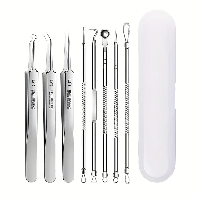 Juego de 8 Pinzas de Acero Inoxidable para Acné, Pinza para Puntos Negros, Aguja para Acné, Aguja para Acné de Salón de Belleza, Herramienta para Acné