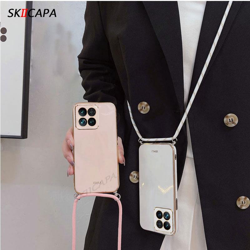 Voor Xiaomi 15T 17T Pro Crossbody Ketting Koord Lanyard Plating Telefoonhoesje voor Xiaomi Mi 17 Pro Max Gegalvaniseerde siliconen hoes