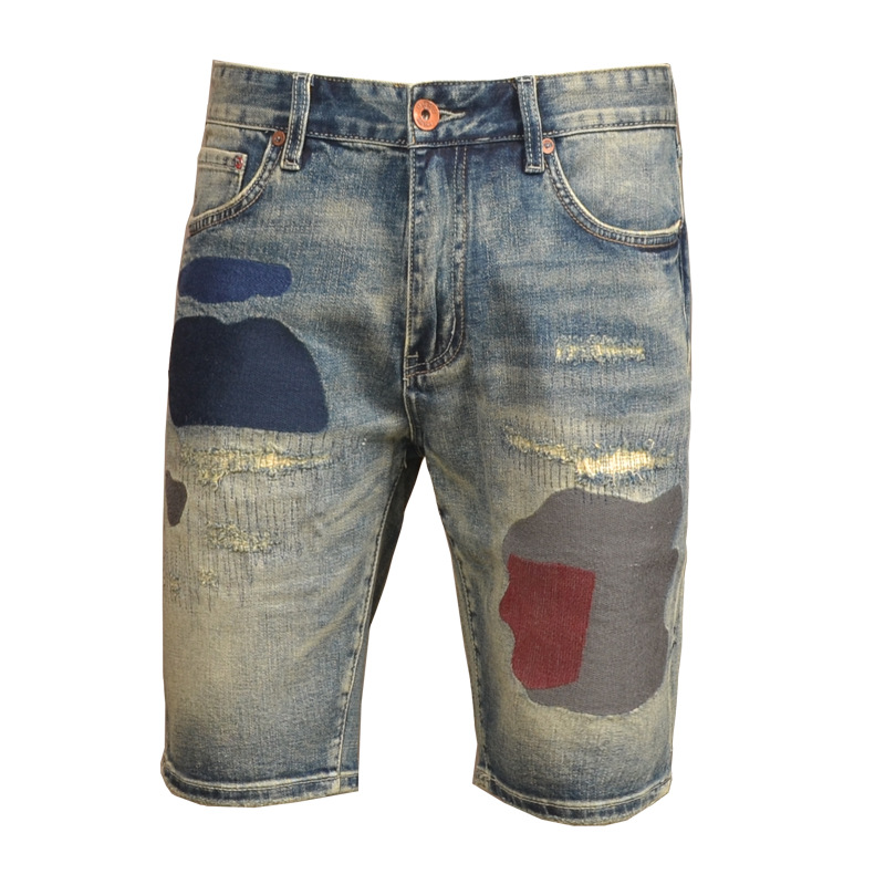 Letnie, retro, vintage, haftowane spodenki jeansowe, męskie, modne, markowe, slim fit, proste nogawki, elastyczne, sprane, codzienne spodnie z pięcioma czwartymi