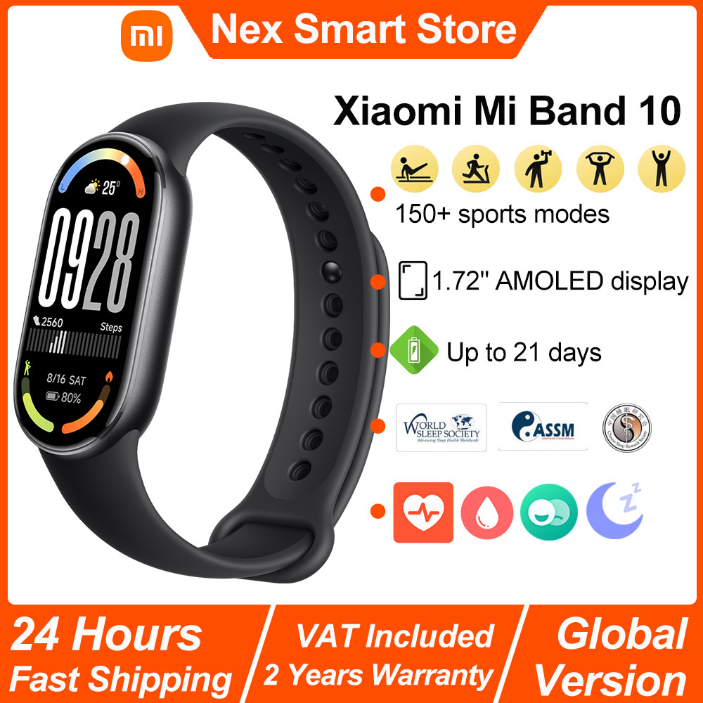 Nova pulseira inteligente xiaomi mi band 10, tela amoled de 1.72 '', monitoramento de frequência cardíaca e oxigênio no sangue, mais de 150 modos esportivos bt5.4 banda inteligente Versão global