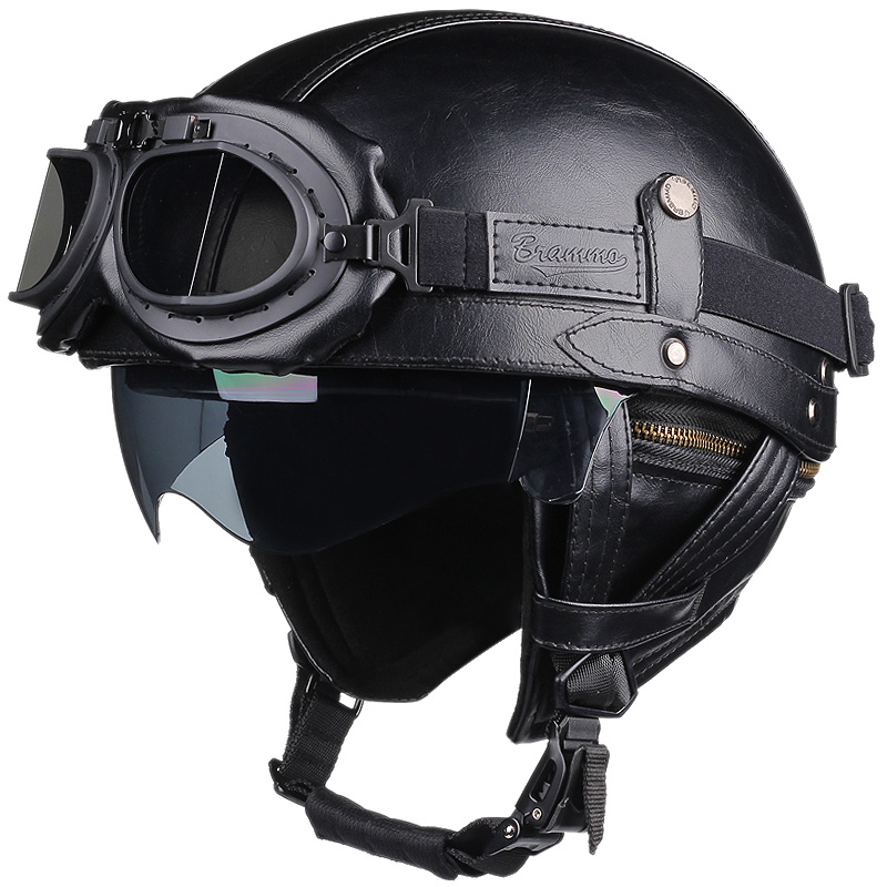 Retro Motorrad Helm PU Leder Moto Helme Männer Frauen Halb Helm HD Objektiv Casco Vier Jahreszeiten Reiten Roller Capacetes