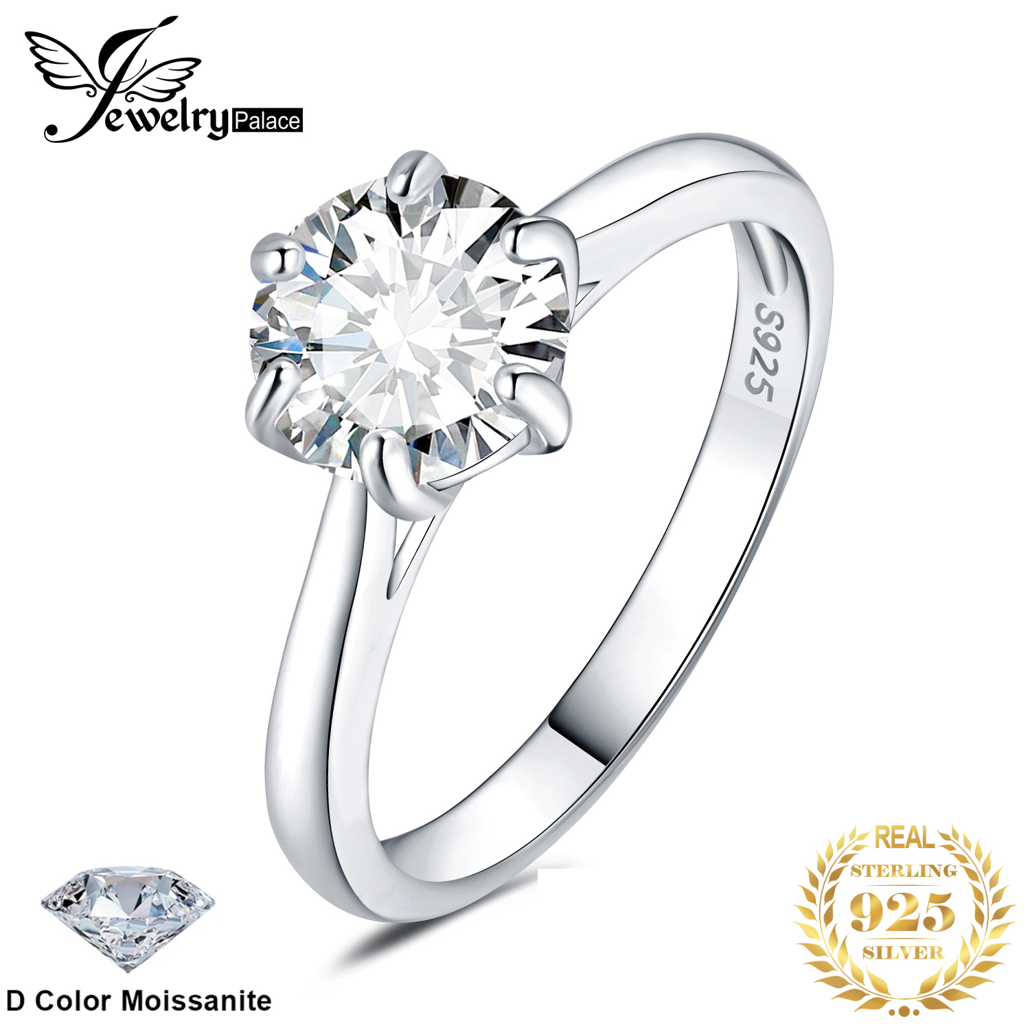 JewelryPalace Moissanite D Color 0.5ct 1ct 1.5ct 2ct corte redondo S925 plata esterlina solitario anillo de compromiso de boda para mujer