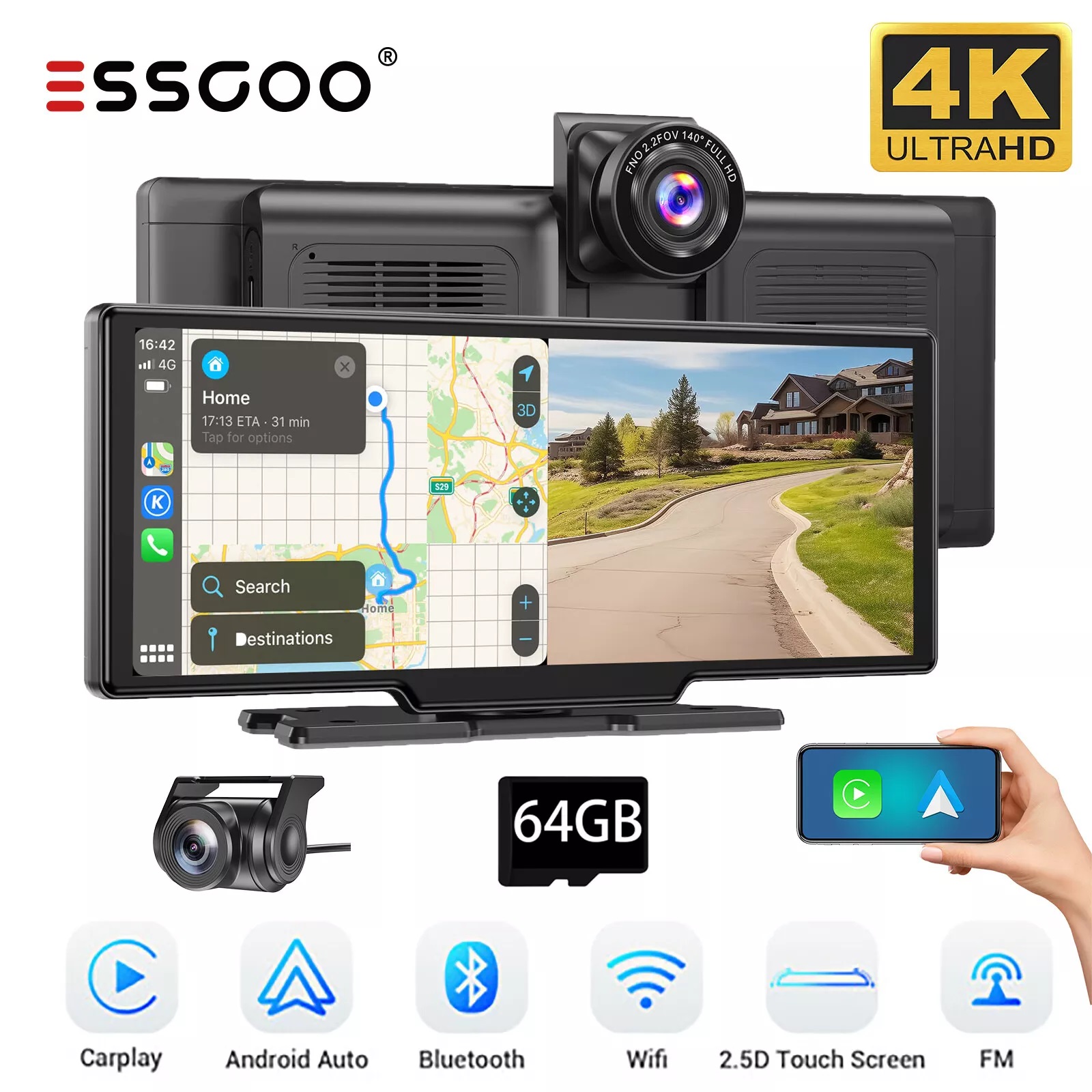 ESSGOO 10.26 "4K Dash Cam Touch Screen Car Stereo retrovisore Wireless Apple Carplay Android Auto Dual Len Registratore Cruscotto