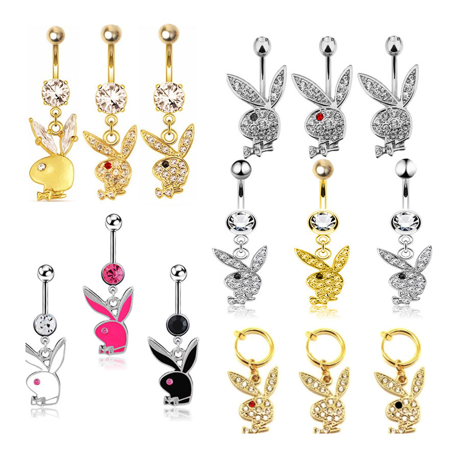 1 Stück Bauchnabelpiercing Hasen-Design Goldfarben mit Rosa Edelstein für Frauen - Fake Bauchnabelpiercing
