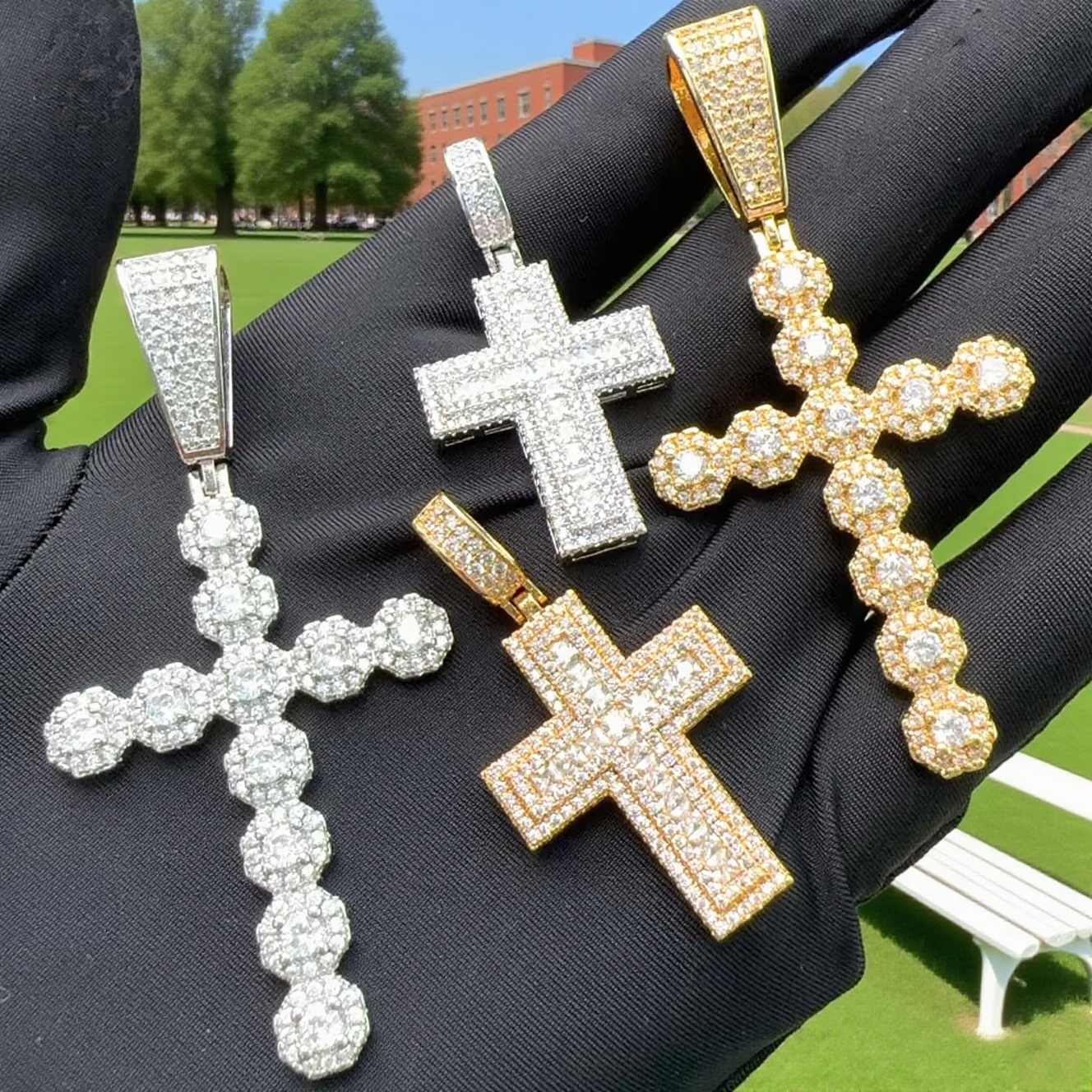 Uomo Donna Sparking Micro Pave 5A Cubic Zirconia CZ con catena di corda ghiacciata Bling Cross Collane con ciondolo Hip Hop Coppia gioielli