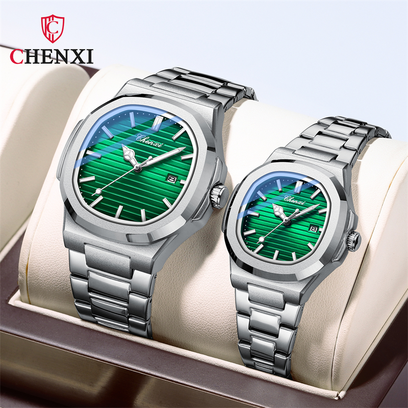 CHENXI 8222 mode Couple montre à Quartz étanche veilleuse Date bracelet en acier inoxydable décontracté Date montre pour hommes et femmes