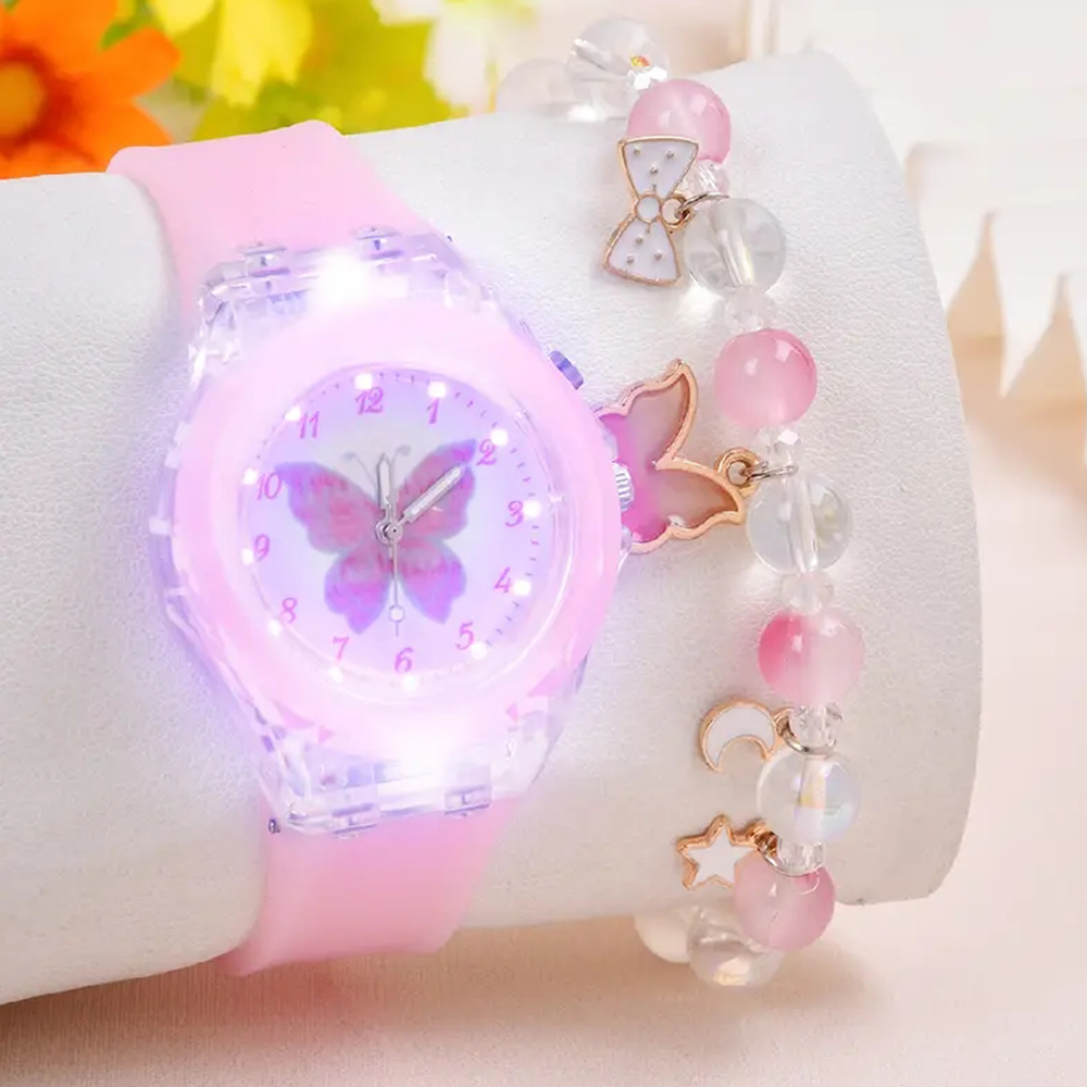 Relógio luminoso de silicone borboleta da moda + pulseira de contas de borboleta
