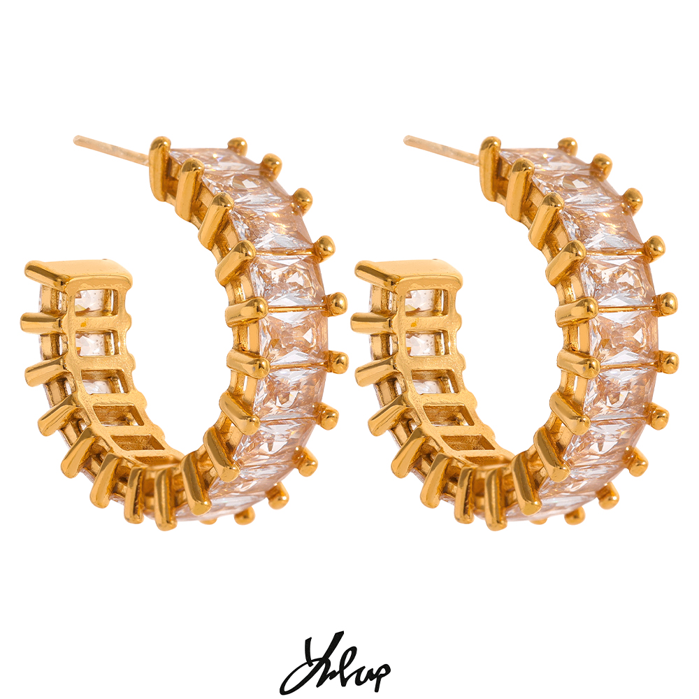 Yhpup-pendientes de aro de acero inoxidable para mujer, aretes elegantes de lujo con circonita cúbica AAA, resistentes al agua, ostentosos, joyería de boda, regalo