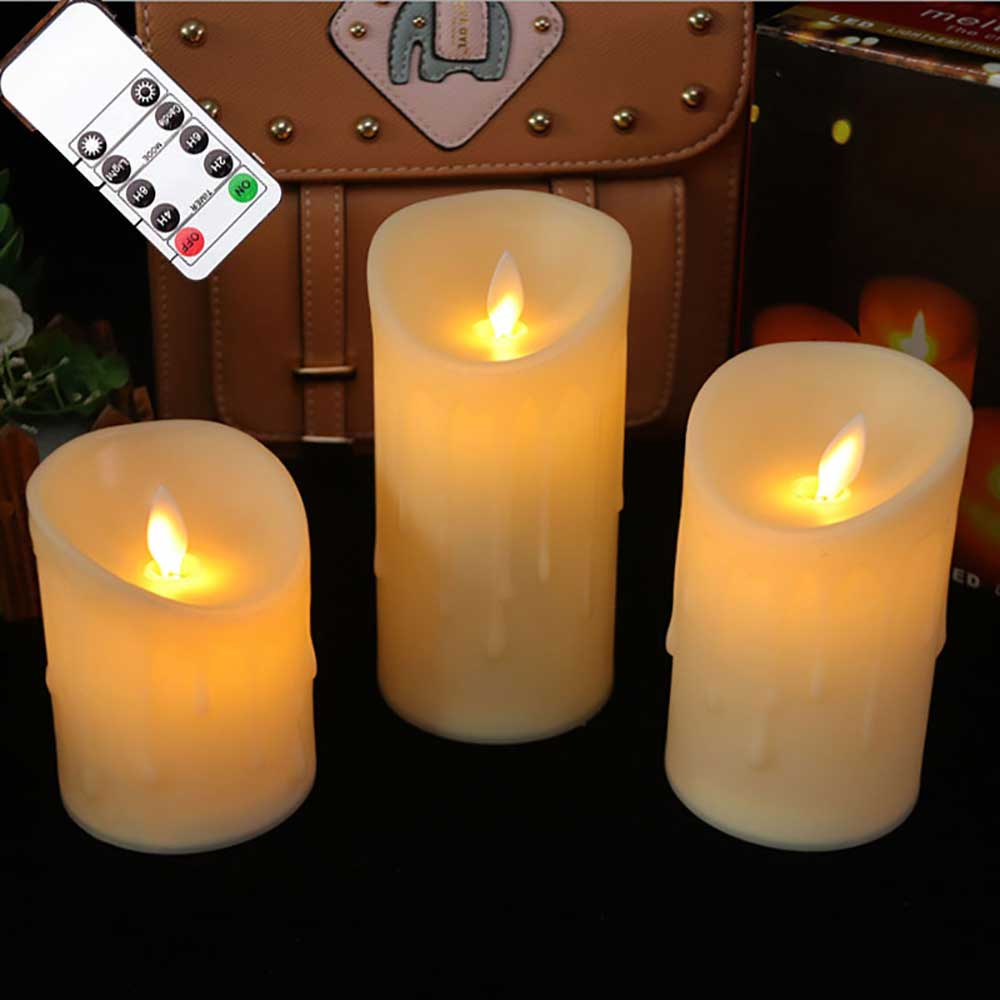 Pack of 3 Remote Control Moving Wick LED Decorative Candles , Battery Dancing Wedding Pillar Candles With Realistic Flame