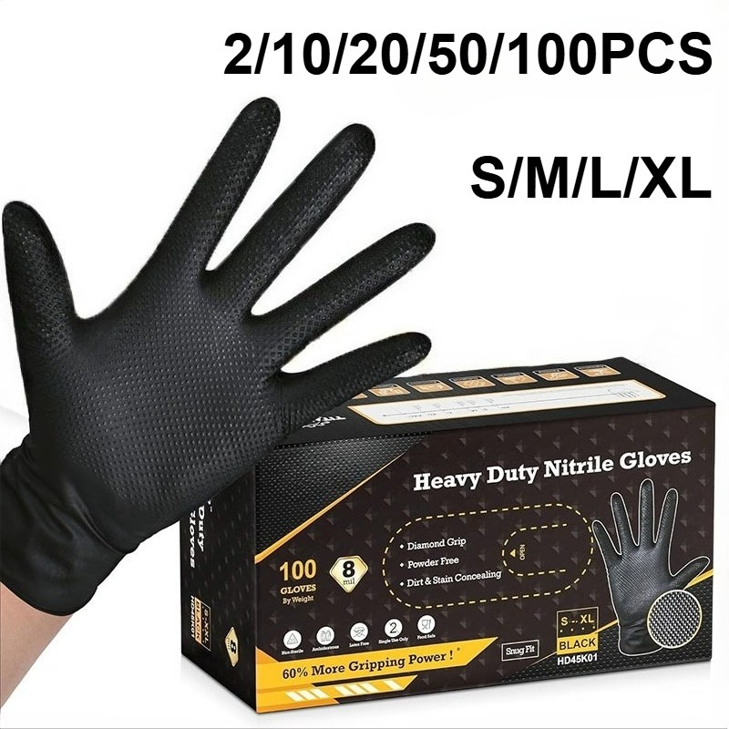 2â100 StĂŒck 8 mm robuste industrielle schwarze Nitrilhandschuhe, erhöhte Diamantstruktur, latexfrei fĂŒr mechanische Sicherheits- und Arbeitshandschuhe