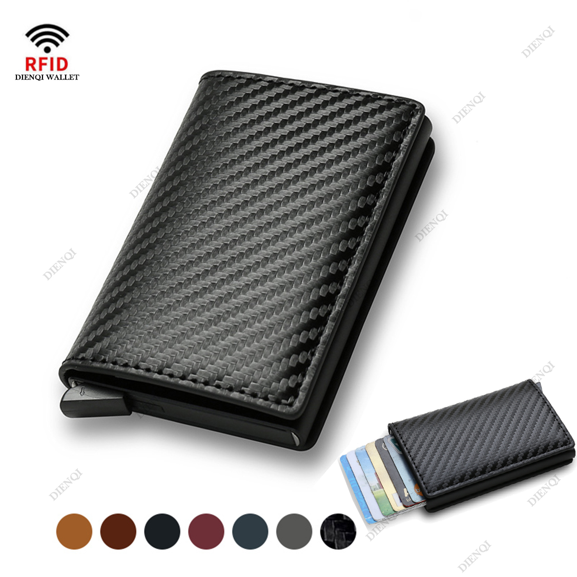 Carteras con tarjetero de fibra de carbono para hombre, billetera delgada de cuero triple mágica negra Rfid, monedero pequeño