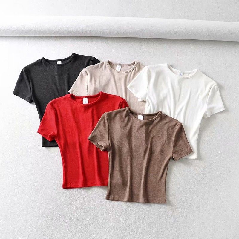 Moda casual 2025 verão mulher magro ajuste camiseta apertado algodão manga curta o-pescoço camiseta colheita topos
