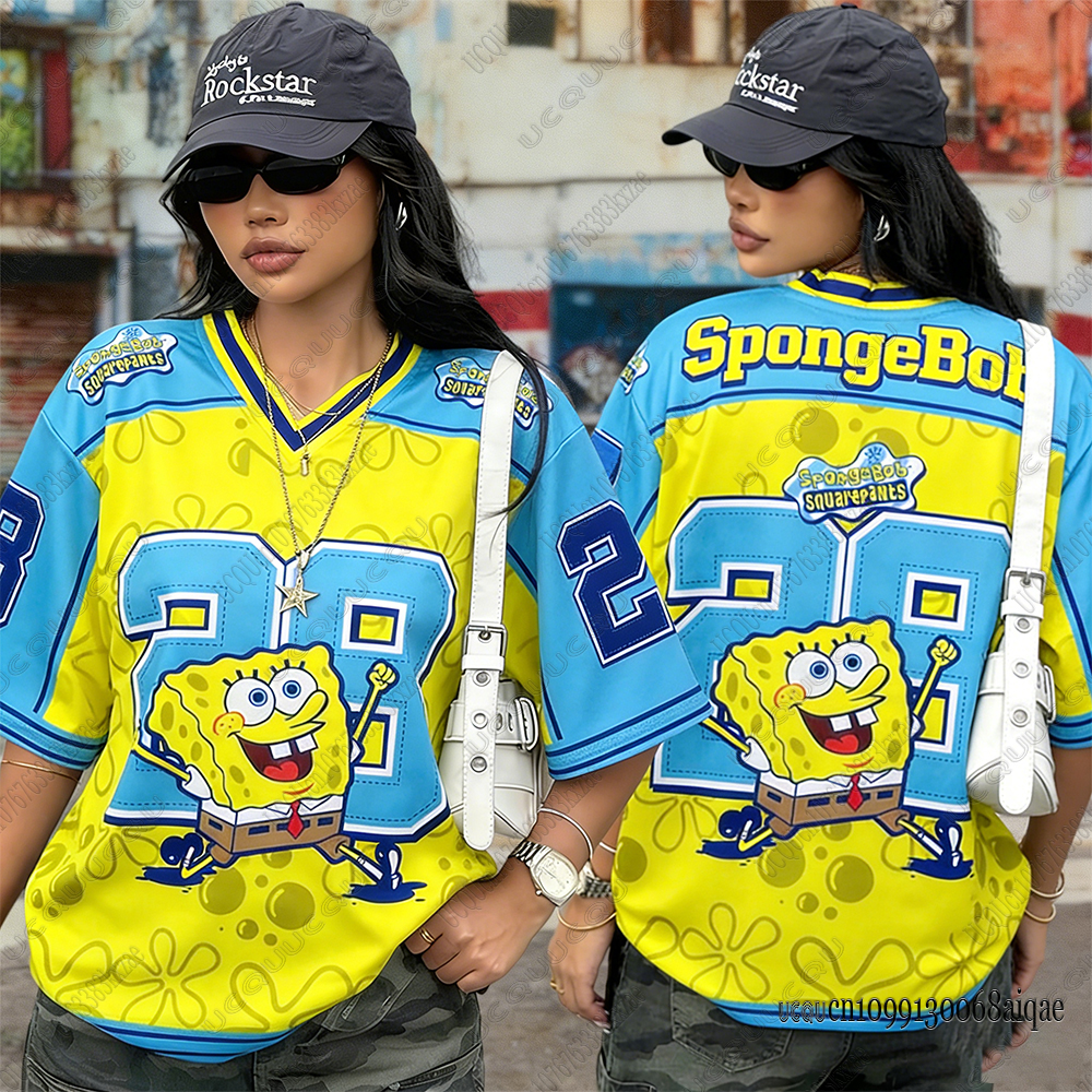 T-shirt con stampa SpongeBob per donna, estiva, scollo a V, patchwork, manica corta, stile sportivo, maglia da calcio, Y2K, vestibilità ampia e oversize.
