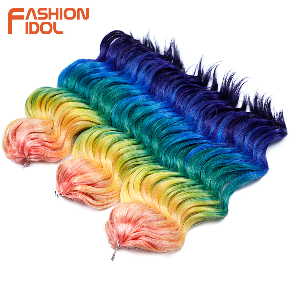 Moda ídolo 16 Polegada 3 pçs profundo ondulado torção crochê cabelo sintético onda de água cabelo crochê tranças ombre arco-íris extensões de cabelo